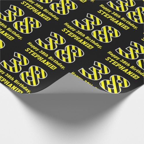 Black  Yellow Striped 38 38th Birthday  Name Wrapping Paper