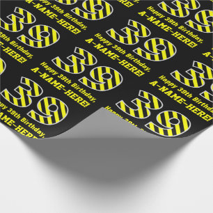 Black & Yellow Striped "39"; 39th Birthday + Name Wrapping Paper