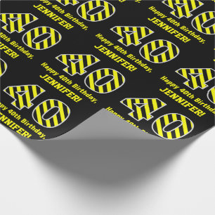 Black & Yellow Striped "40"; 40th Birthday + Name Wrapping Paper