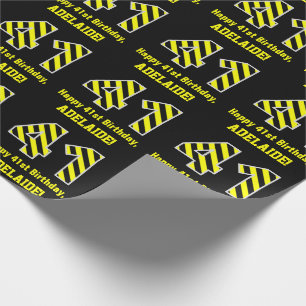 Black & Yellow Striped "41"; 41st Birthday + Name Wrapping Paper