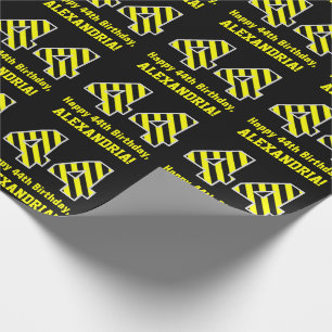 Black & Yellow Striped "44"; 44th Birthday + Name Wrapping Paper
