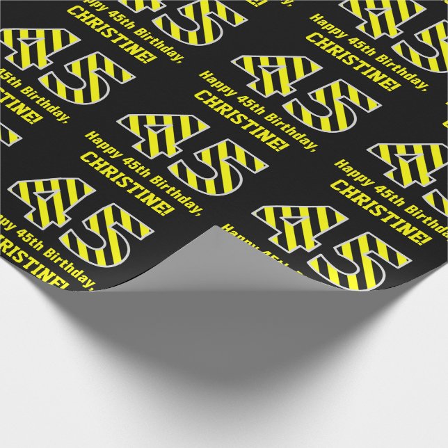 Black & Yellow Striped "45"; 45th Birthday + Name Wrapping Paper (Corner)