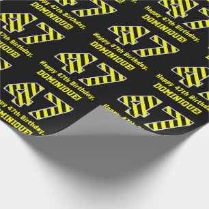 Black & Yellow Striped "47"; 47th Birthday + Name Wrapping Paper