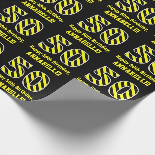 Black  Yellow Striped 50 50th Birthday  Name Wrapping Paper