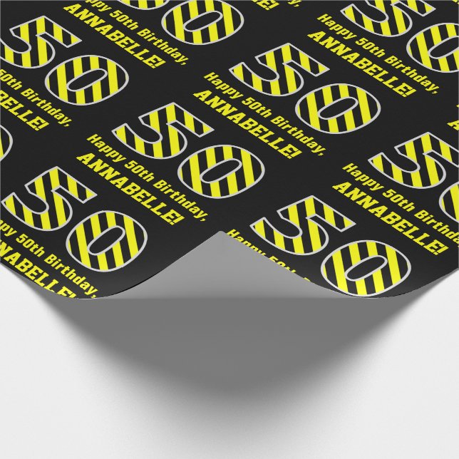 Black & Yellow Striped "50"; 50th Birthday + Name Wrapping Paper (Corner)
