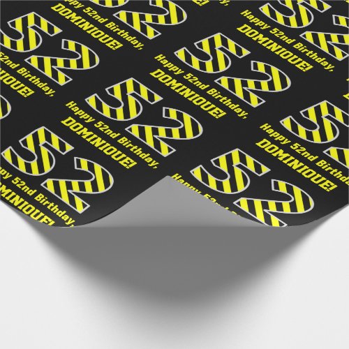 Black  Yellow Striped 52 52nd Birthday  Name Wrapping Paper