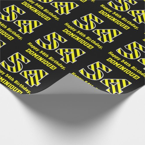 Black  Yellow Striped 54 54th Birthday  Name Wrapping Paper