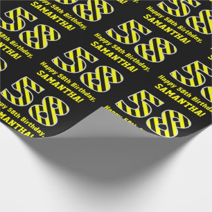 Black & Yellow Striped "58"; 58th Birthday + Name Wrapping Paper