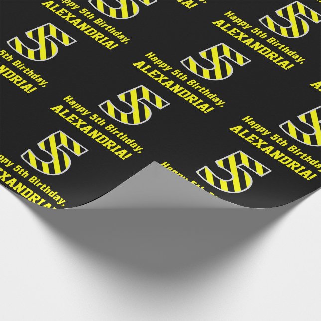 Black & Yellow Striped "5"; 5th Birthday + Name Wrapping Paper (Corner)