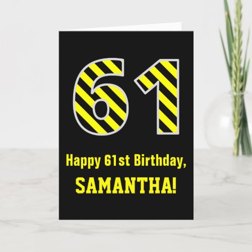 Black  Yellow Striped 61 61st Birthday  Name Card