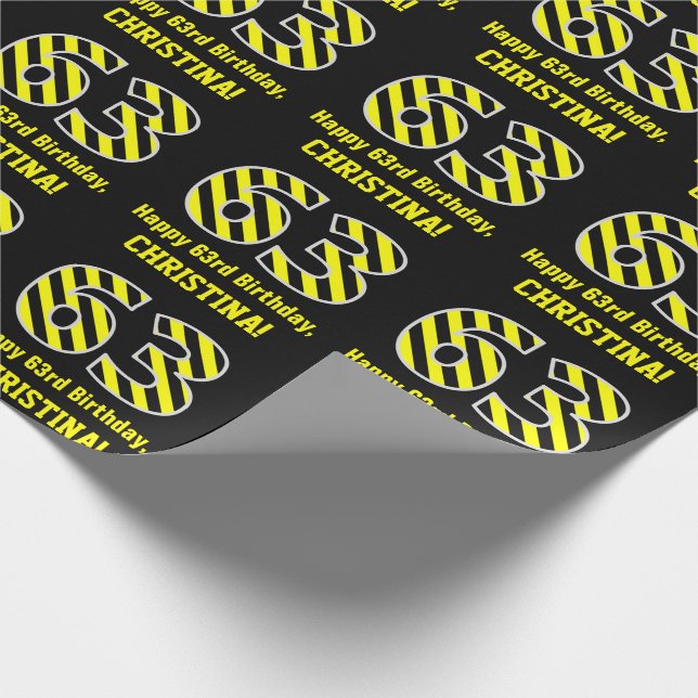 Black & Yellow Striped "63"; 63rd Birthday + Name Wrapping Paper (Corner)
