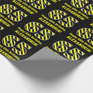 Black & Yellow Striped "65"; 65th Birthday + Name Wrapping Paper