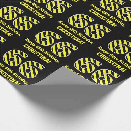 Black  Yellow Striped 66 66th Birthday  Name Wrapping Paper