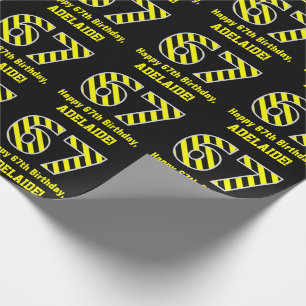 Black & Yellow Striped "67"; 67th Birthday + Name Wrapping Paper