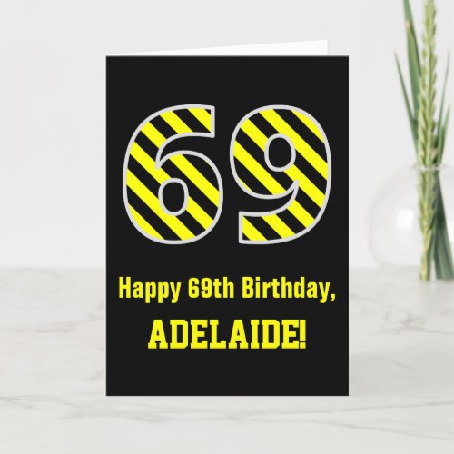 Black  Yellow Striped 69 69th Birthday  Name Card