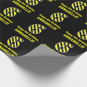 Black & Yellow Striped "6"; 6th Birthday + Name Wrapping Paper