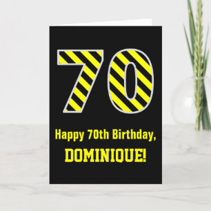 Black & Yellow Striped "70"; 70th Birthday + Name Card