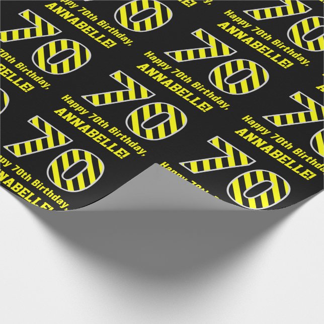 Black & Yellow Striped "70"; 70th Birthday + Name Wrapping Paper (Corner)
