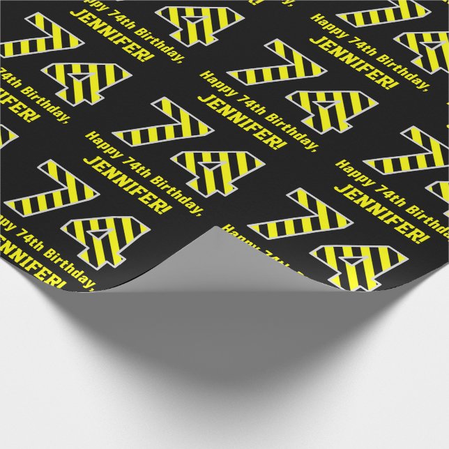 Black & Yellow Striped "74"; 74th Birthday + Name Wrapping Paper (Corner)