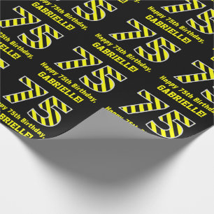 Black & Yellow Striped "75"; 75th Birthday + Name Wrapping Paper
