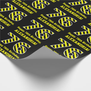Black & Yellow Striped "76"; 76th Birthday + Name Wrapping Paper