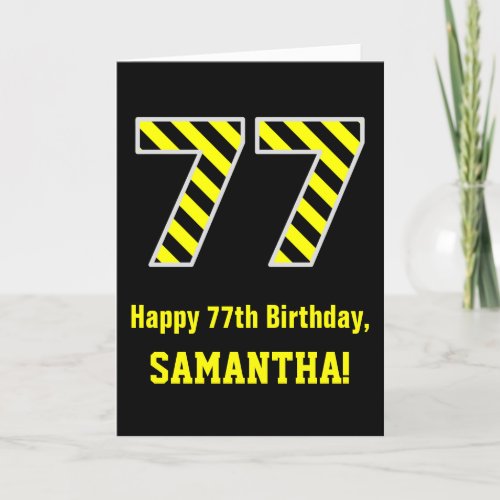 Black  Yellow Striped 77 77th Birthday  Name Card