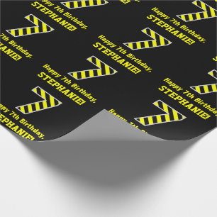 Black & Yellow Striped "7"; 7th Birthday + Name Wrapping Paper