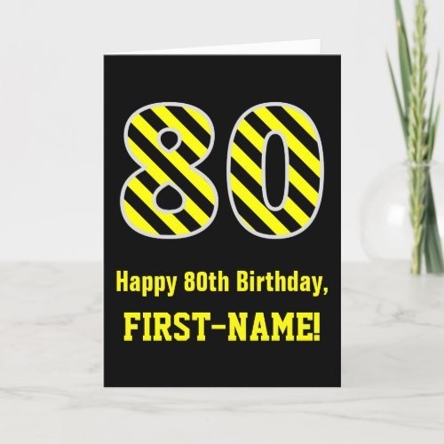 Black  Yellow Striped 80 80th Birthday  Name Card