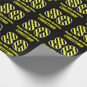 Black & Yellow Striped "80"; 80th Birthday + Name Wrapping Paper