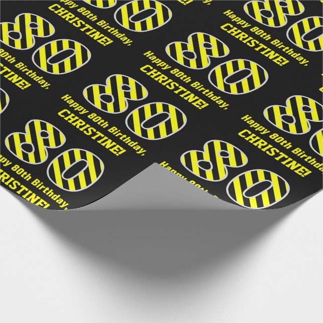 Black & Yellow Striped "80"; 80th Birthday + Name Wrapping Paper (Corner)