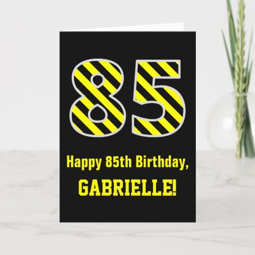 Black  Yellow Striped 85 85th Birthday  Name Card