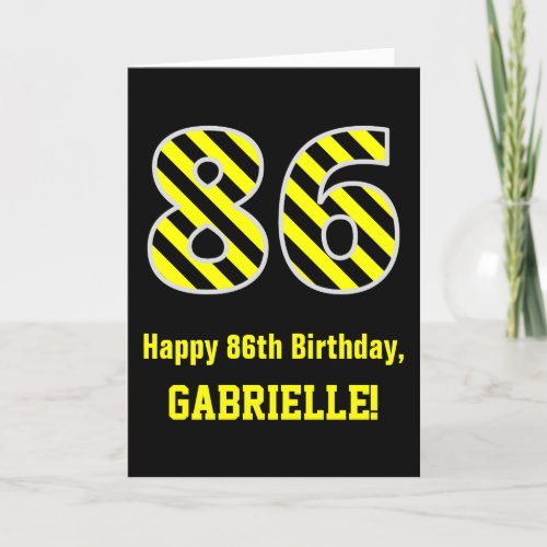 Black  Yellow Striped 86 86th Birthday  Name Card