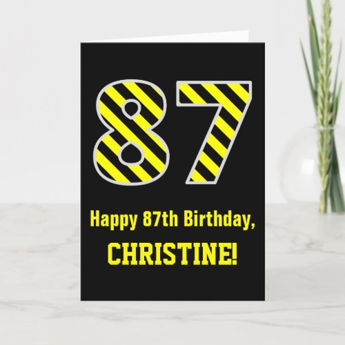 Black  Yellow Striped 87 87th Birthday  Name Card