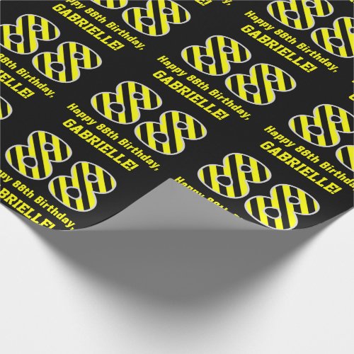 Black  Yellow Striped 88 88th Birthday  Name Wrapping Paper