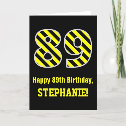 Black  Yellow Striped 89 89th Birthday  Name Card