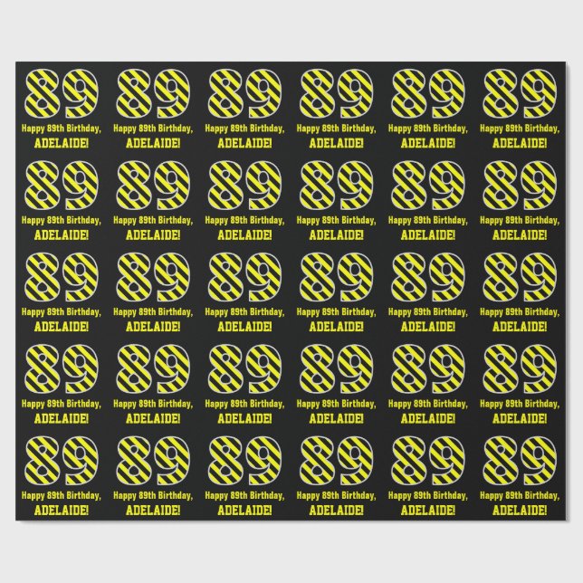 Black & Yellow Striped "89"; 89th Birthday + Name Wrapping Paper (Flat)