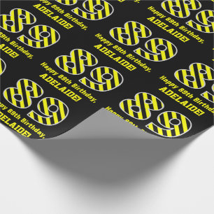 Black & Yellow Striped "89"; 89th Birthday + Name Wrapping Paper