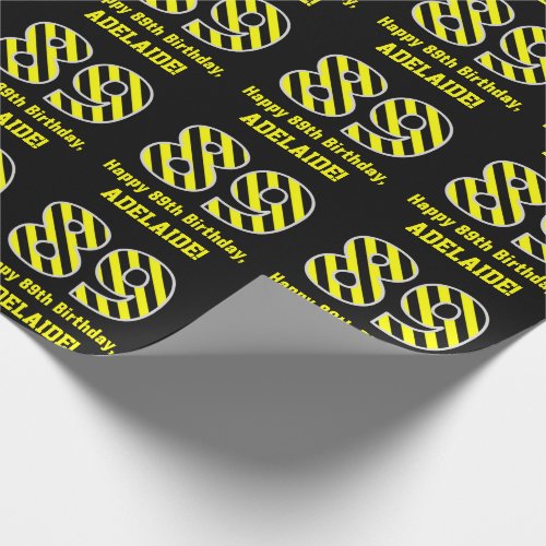 Black  Yellow Striped 89 89th Birthday  Name Wrapping Paper