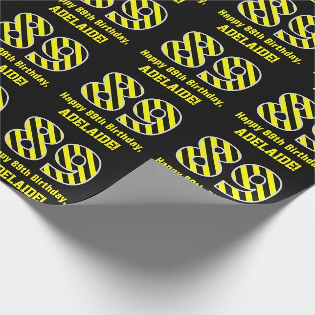 Black & Yellow Striped "89"; 89th Birthday + Name Wrapping Paper (Corner)