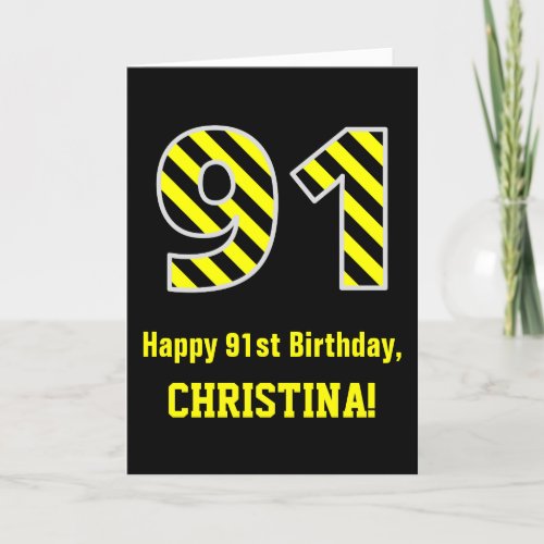 Black  Yellow Striped 91 91st Birthday  Name Card