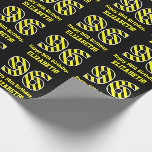 Black  Yellow Striped 96 96th Birthday  Name Wrapping Paper
