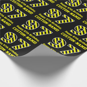 Black & Yellow Striped "97"; 97th Birthday + Name Wrapping Paper