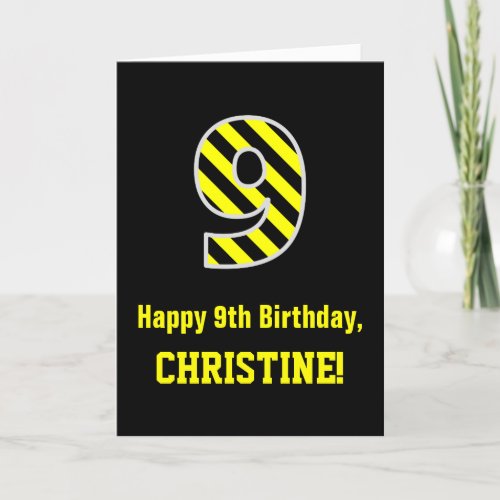 Black  Yellow Striped 9 9th Birthday  Name Card