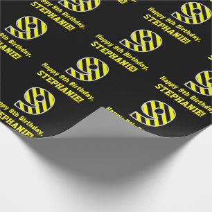 Black & Yellow Striped "9"; 9th Birthday + Name Wrapping Paper