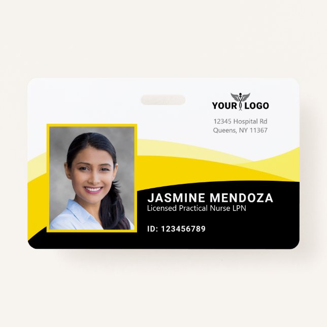 Black Yellow Template Business Logo Photo Name ID Badge (Front)