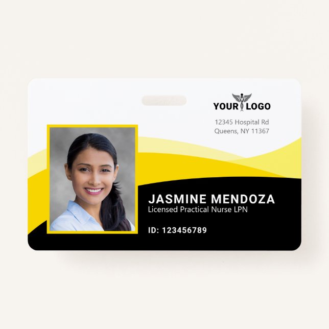 Black Yellow Template Business Logo Photo Name ID Badge (Front)