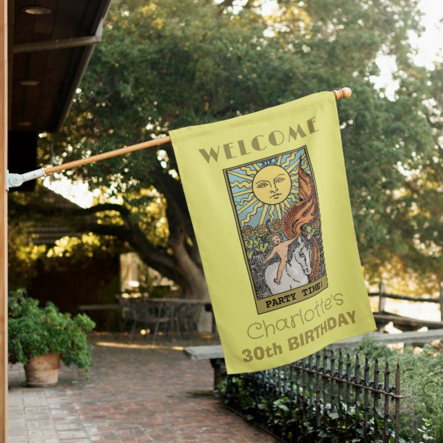 Black & Yellow The Sun Tarot Card Birthday Welcome House Flag (In SItu)