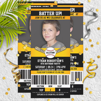 Black|Yellow Ticket Style Baseball Birthday Party Invitation