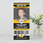 Black|Yellow Ticket Style Baseball Birthday Party Invitation (Standing Front)