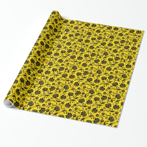 Black  Yellow Vintage Floral Damasks Wrapping Paper